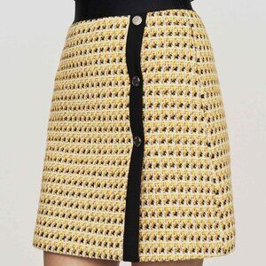 Maje Tweed Mini Skirt XS Yellow Black Gold Elastic Waist Brass Buttons Old Money